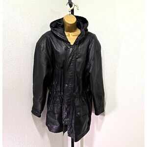 Vtg Dany 80s Black Leather Jacket Med Trench Coat Hood Cargo Utility Insulated